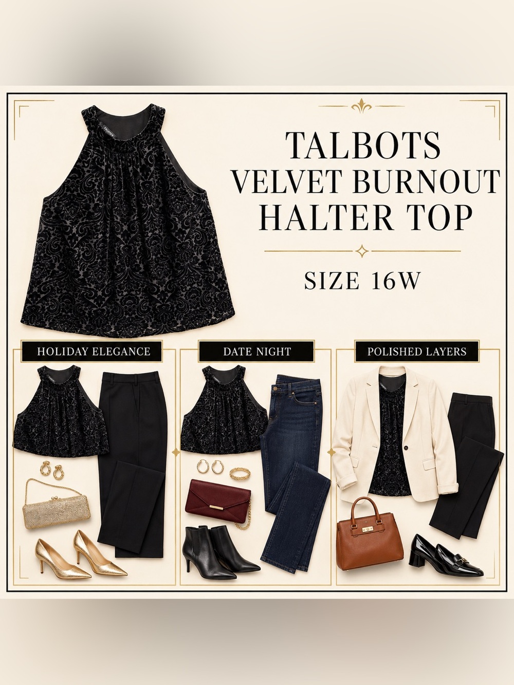Talbots Plus Black Velvet Burnout Damask Halter Top Size 16W